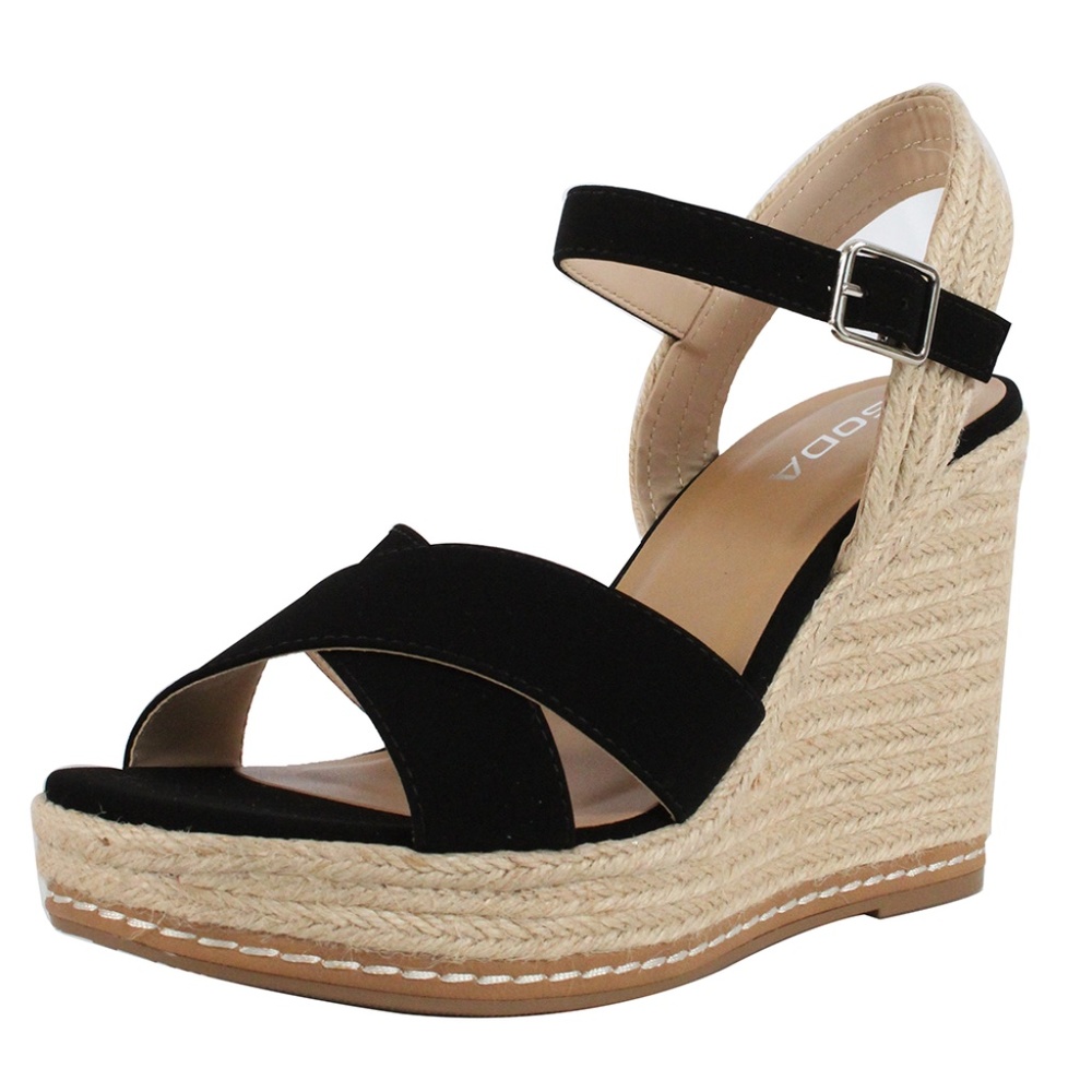 Black Criss Cross Ankle Strap Espadrille Platform Wedge